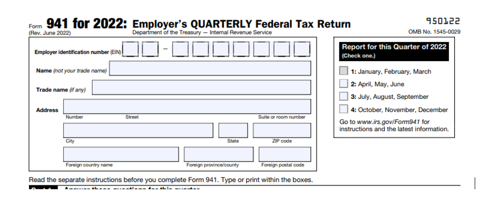 IRS 941 Form for Quarterly Federal Taxes.